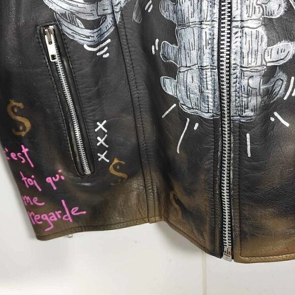 Mega Force Men's Sz46 Black Leather Custom Hand Painted Zip Motorcycle Jacket - Picture 10 of 16